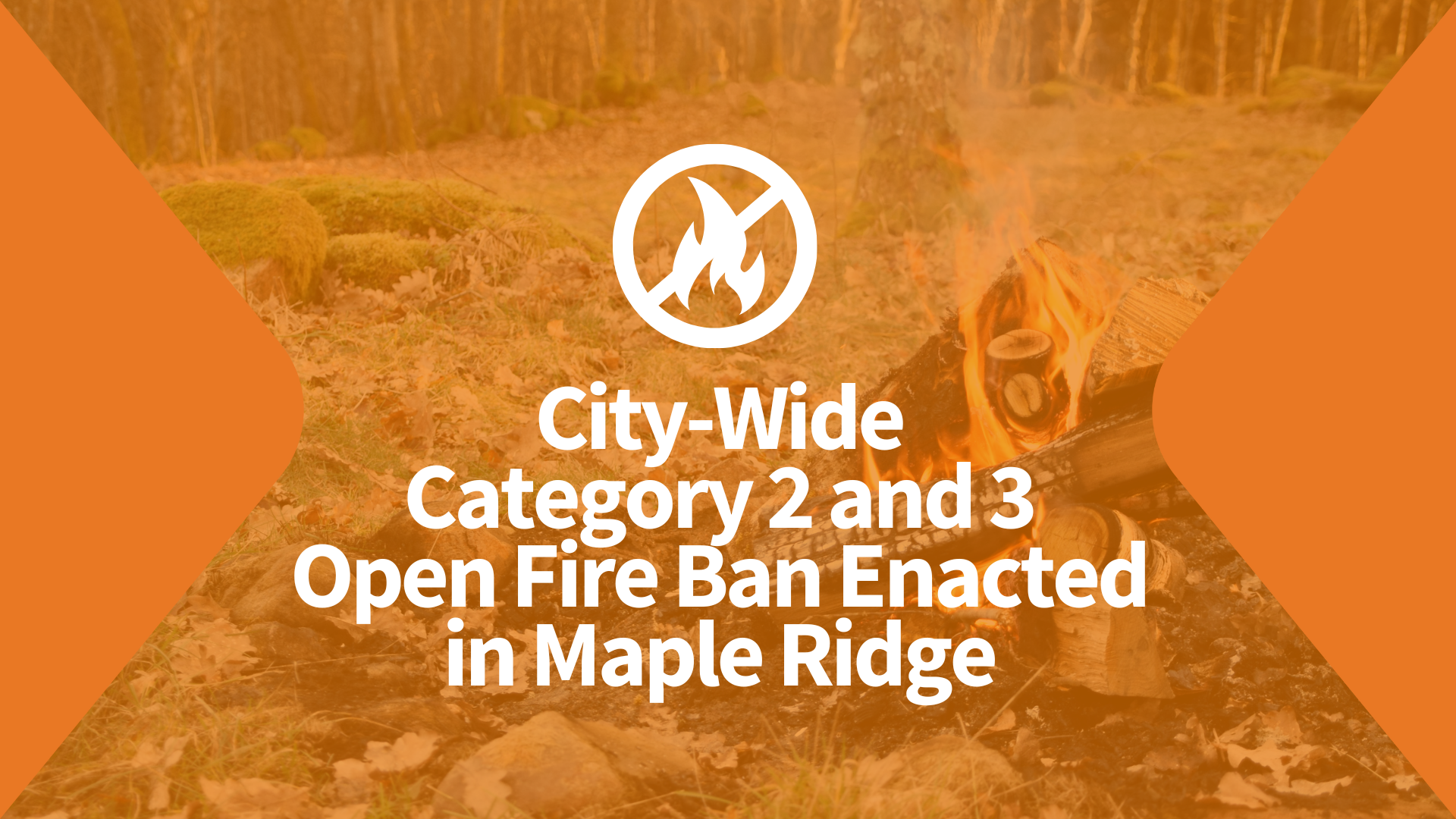 An line slashes through a fire above the words "City wide Category 2 and 3 open fire ban enacted in Maple Ridge."